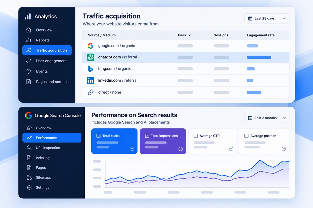 An analytics traffic acquisition panel highlighting chatgpt.com referral traffic, above a Google Search Console performance panel labeled as including Google search and AI placements.