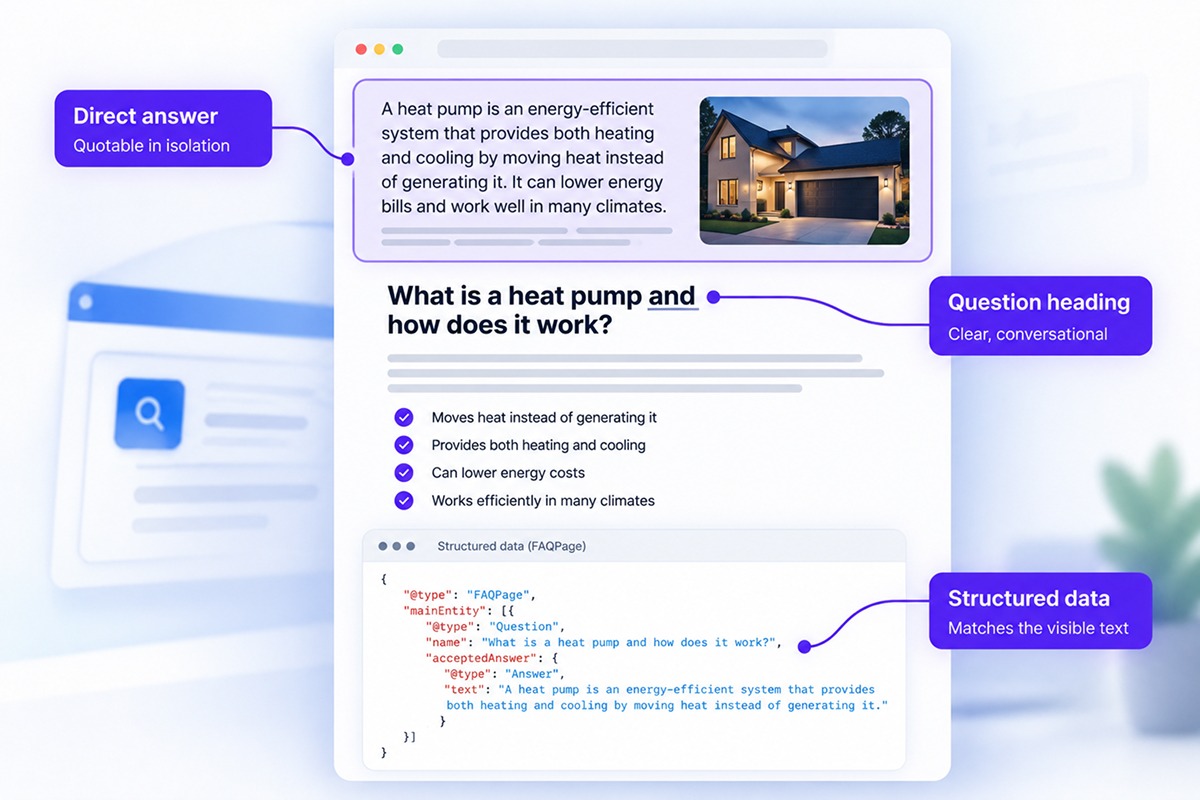 Wireframe of an answer-first page with a highlighted direct answer paragraph, a question heading, a short checklist, and matching FAQPage structured data.