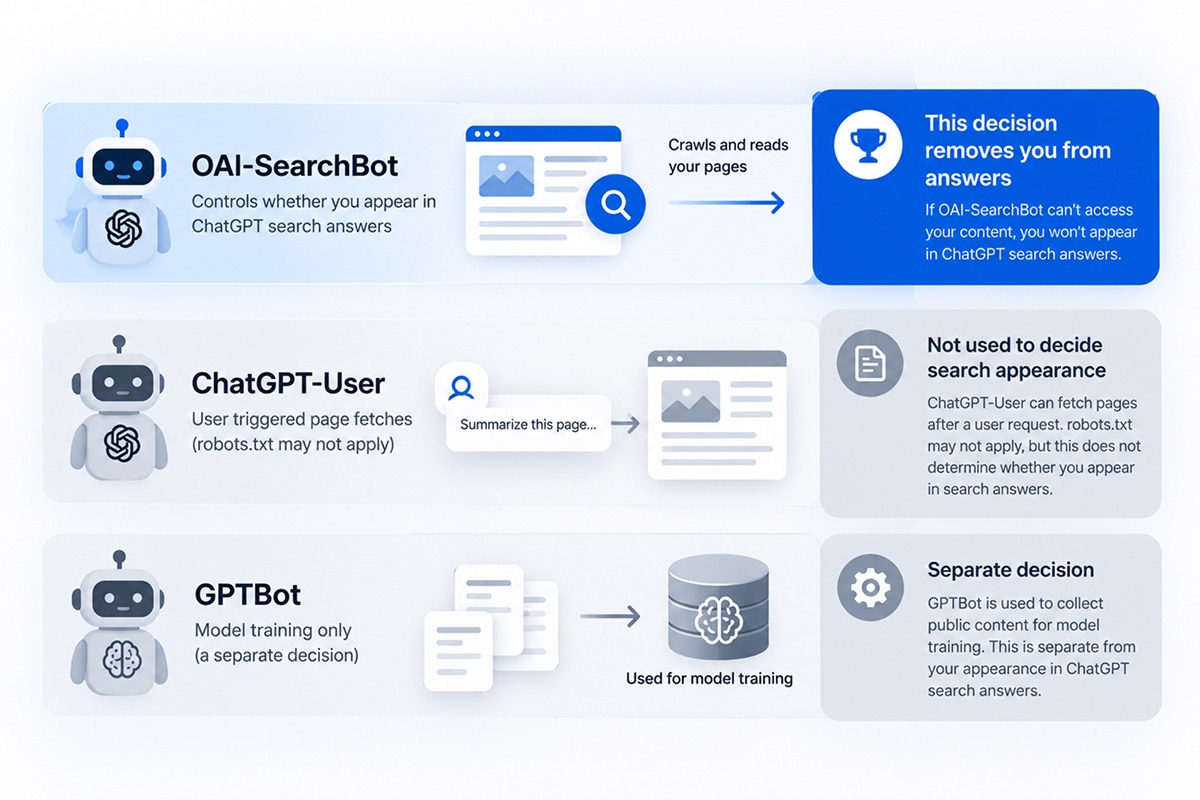 Three OpenAI crawlers compared: OAI-SearchBot controls appearance in ChatGPT search answers, ChatGPT-User handles user triggered fetches, and GPTBot is for model training only.
