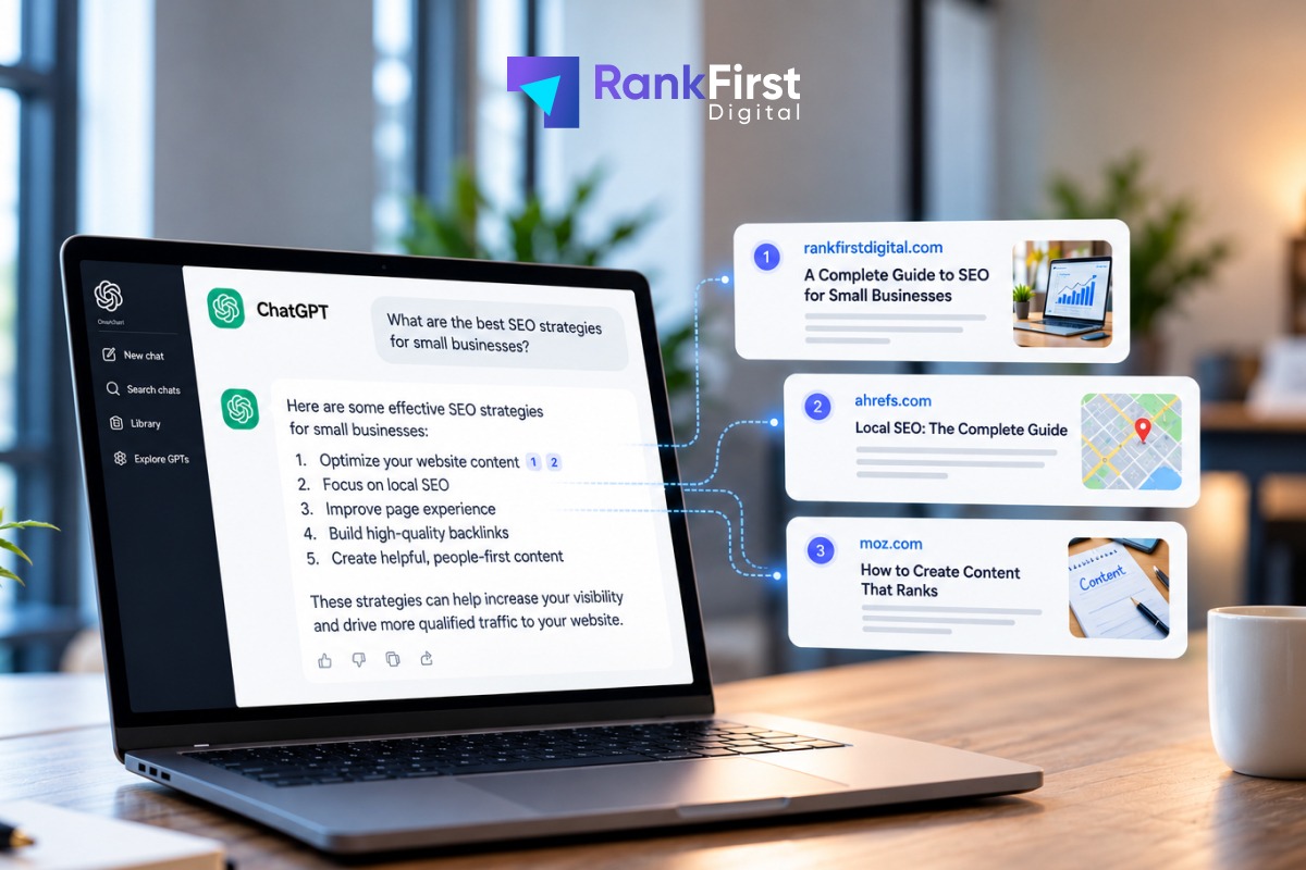 A laptop showing a ChatGPT answer about SEO strategies, with three numbered source cards linking to rankfirstdigital.com, ahrefs.com and moz.com.