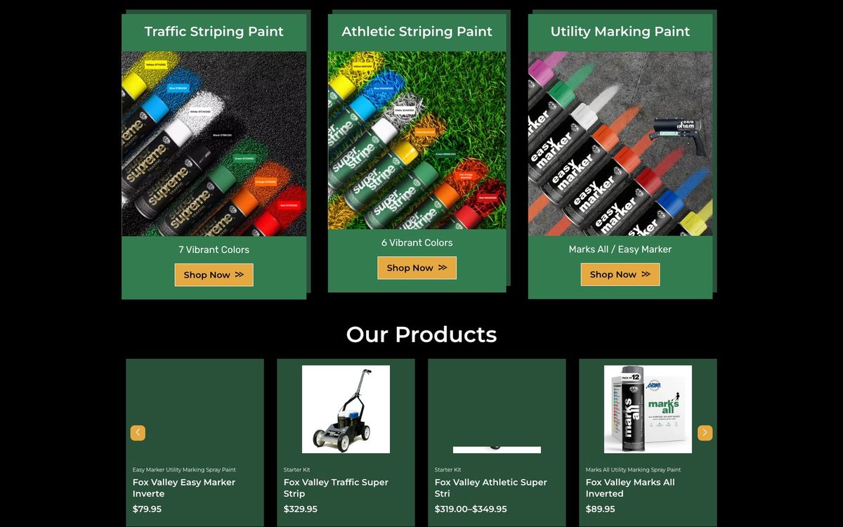 Fox Valley Paint homepage product categories and product carousel
