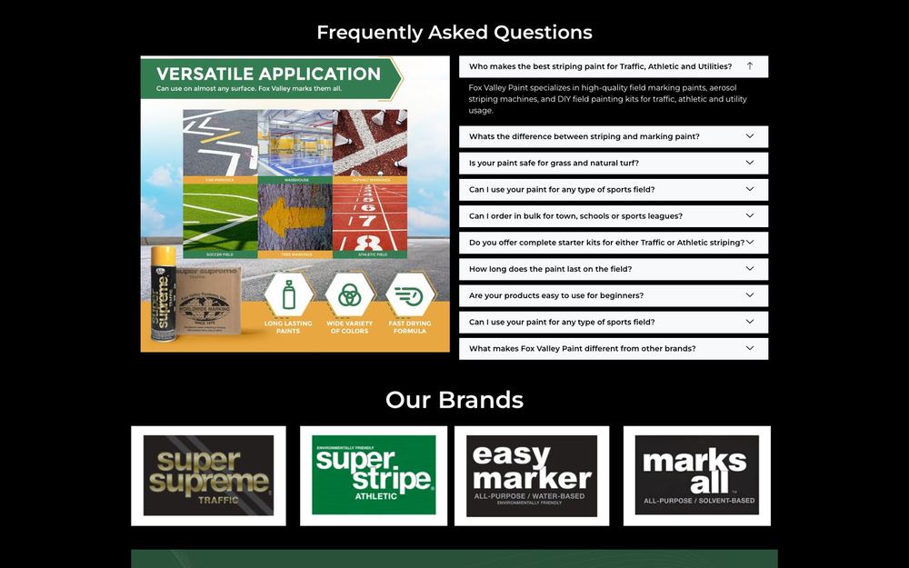 Fox Valley Paint homepage FAQ and brands sections
