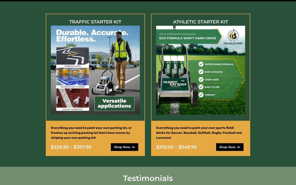 Fox Valley Paint traffic and athletic starter kit sections