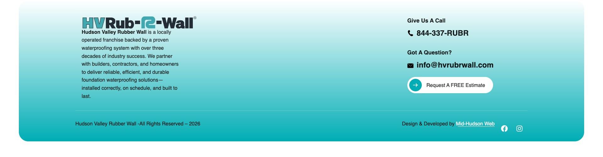 Footer of hvrubrwall.com with phone, email and a Request a FREE Estimate button