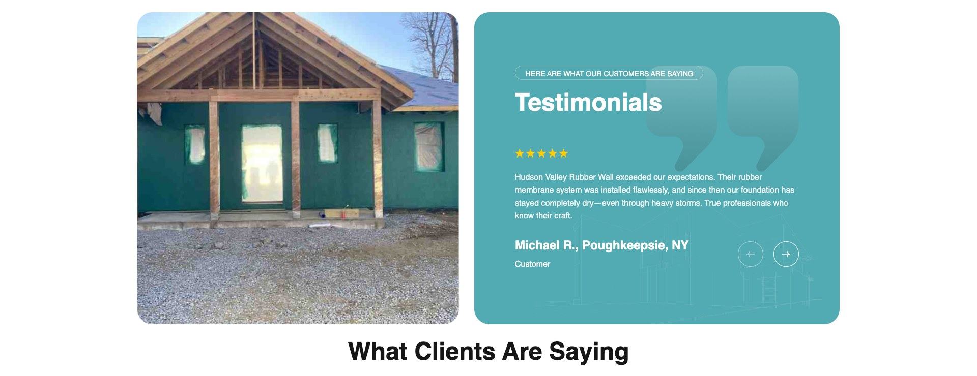 HVRub-R-Wall testimonials section with a featured customer quote and a carousel