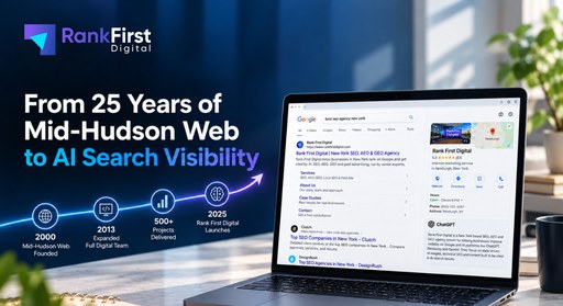 The Rank First Digital journey timeline from 2000 to 2025 beside a laptop showing Google and AI search results for a New York SEO agency.