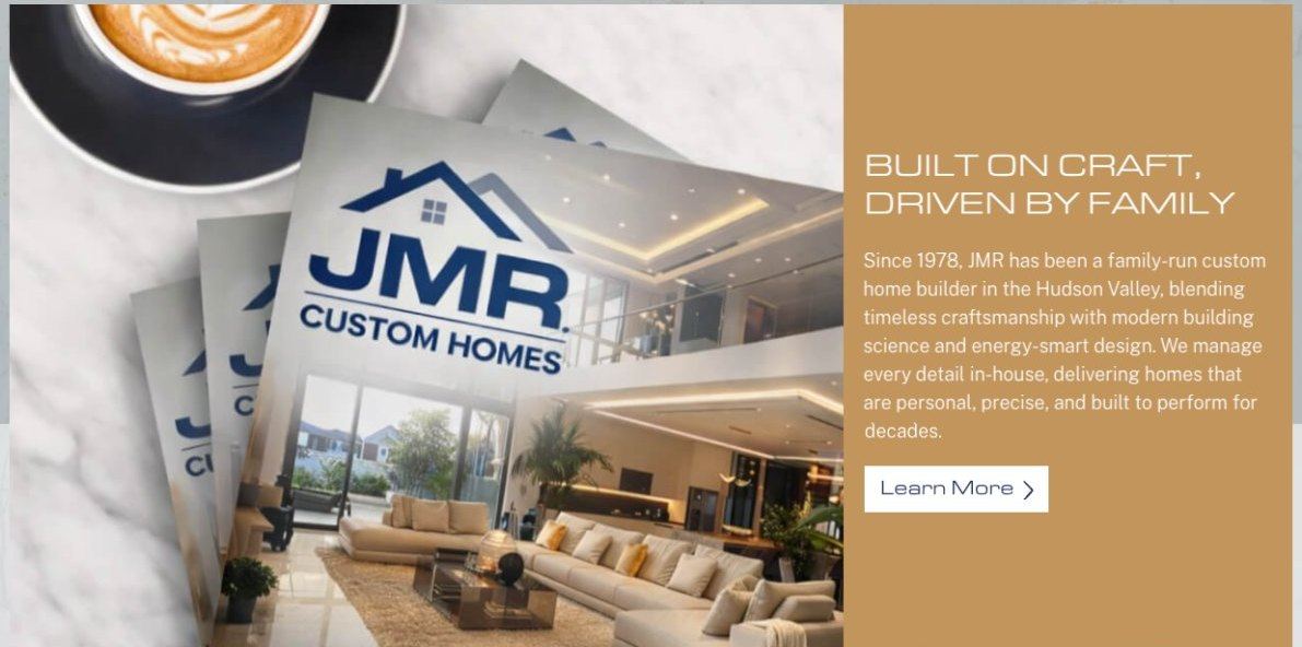 About section of jmrcustomhomes.com with JMR Custom Homes brochures and the heading Built on Craft, Driven by Family
