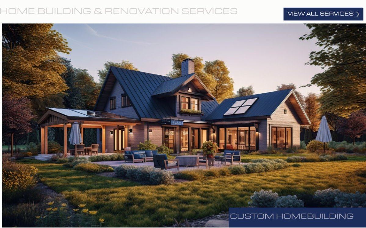 Custom home at dusk with the label Custom Homebuilding