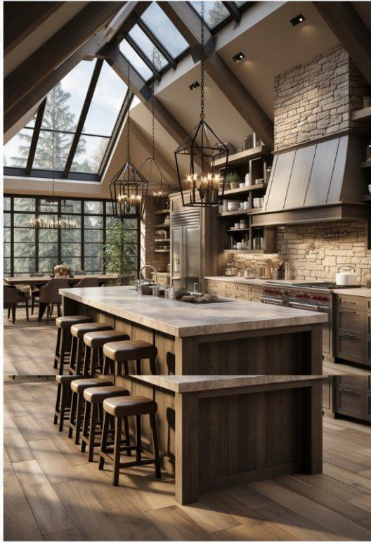 Interior of a custom kitchen with a vaulted glass ceiling and a wood island