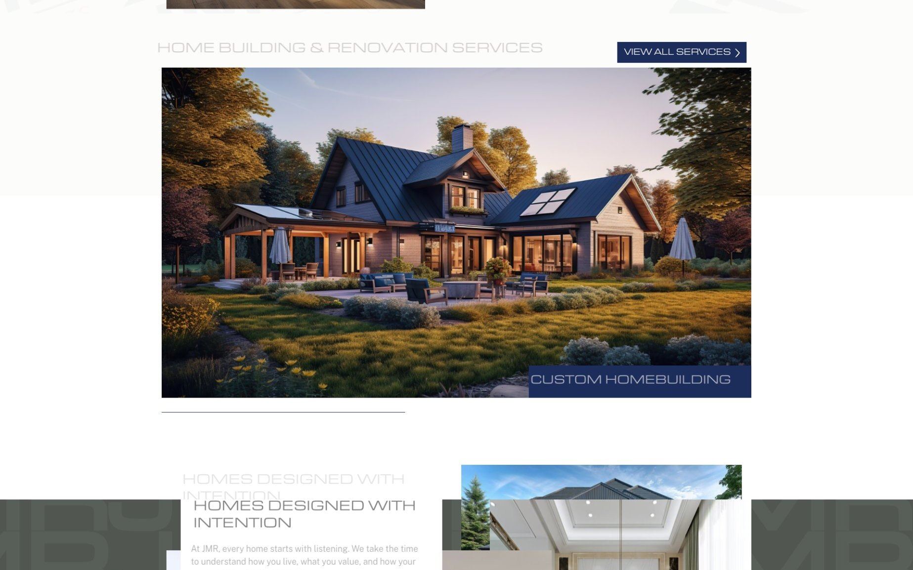 Home Building and Renovation Services section of jmrcustomhomes.com with the Custom Homebuilding image