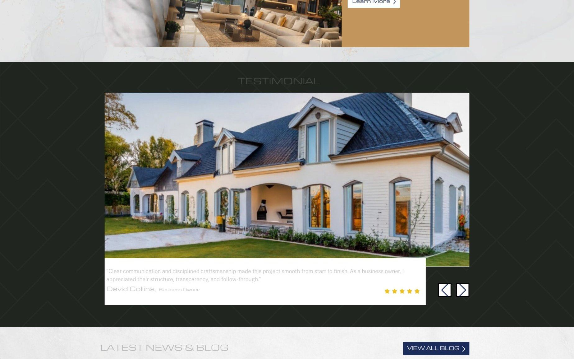 Testimonial section of jmrcustomhomes.com with a white custom home and a quote from David Collins